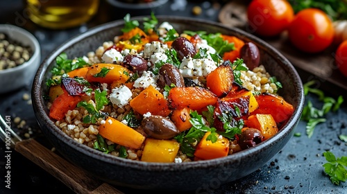 A bowl of farro salad with roasted vegetables, olives, and feta cheese in a tangy vinaigrette.