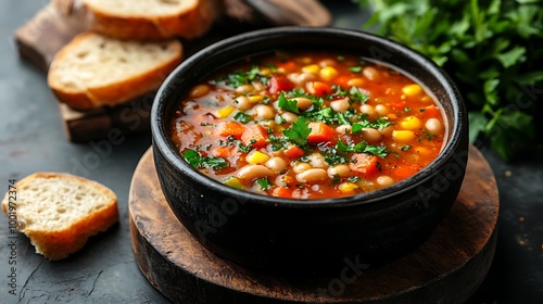 A bowl of hearty minestrone soup, filled with colorful vegetables and beans, served with a side of crusty bread.