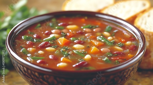 A bowl of hearty minestrone soup, filled with colorful vegetables and beans, served with a side of crusty bread. photo