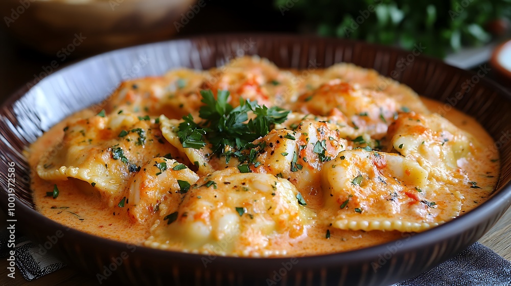 A dish of lobster ravioli in a creamy pink sauce with a garnish of fresh parsley. A dish of lobster ravioli in a creamy pink sauce with a garnish of fresh parsley.