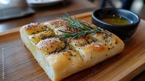 A fresh focaccia bread topped with rosemary and sea salt, served with a small bowl of olive oil for dipping.