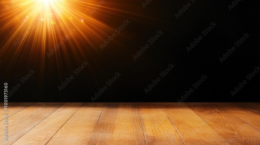 Golden Light Rays on Wooden Tabletop with Black Background for Product Display Golden Light Rays on Wooden Tabletop with Black Background for Product Display