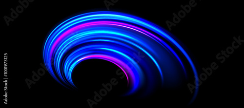Glowing neon light trail background. Bright blue purple speed lines. Magic luminous curved swirl concept. Abstract spiral dynamic rotating stripes. Bright streaks for poster, banner, flyer. Vector