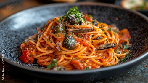 A plate of spaghetti puttanesca with olives, capers, and anchovies in a rich tomato sauce. photo