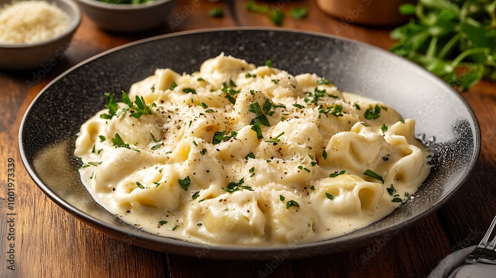 A plate of tortellini stuffed with cheese, served with a creamy Alfredo sauce and fresh herbs. A plate of tortellini stuffed with cheese, served with a creamy Alfredo sauce and fresh herbs.