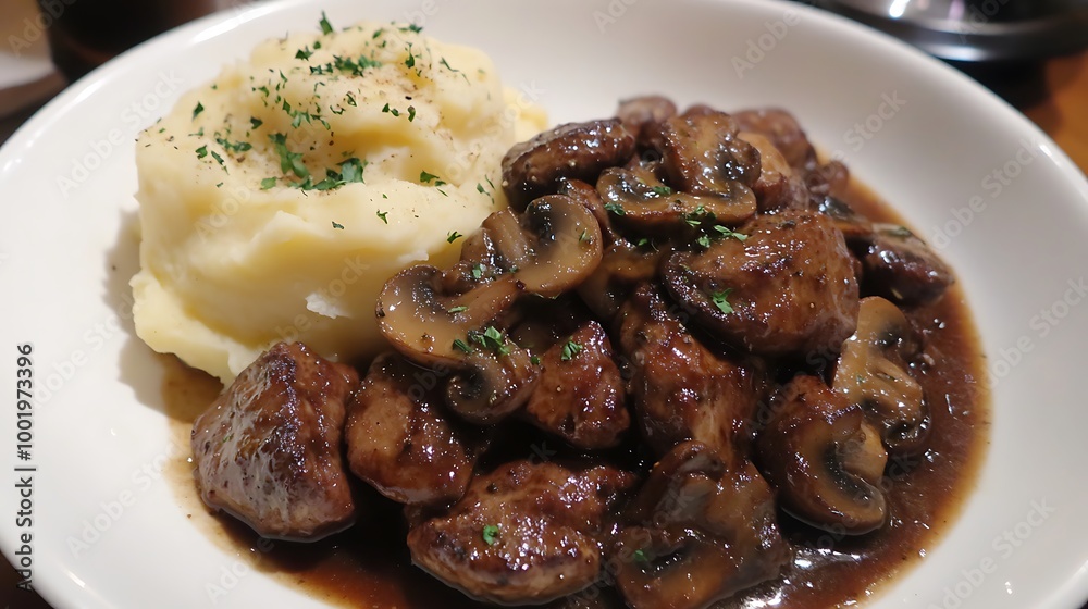 A plate of veal Marsala with mushrooms, served with a side of garlic mashed potatoes. A plate of veal Marsala with mushrooms, served with a side of garlic mashed potatoes.