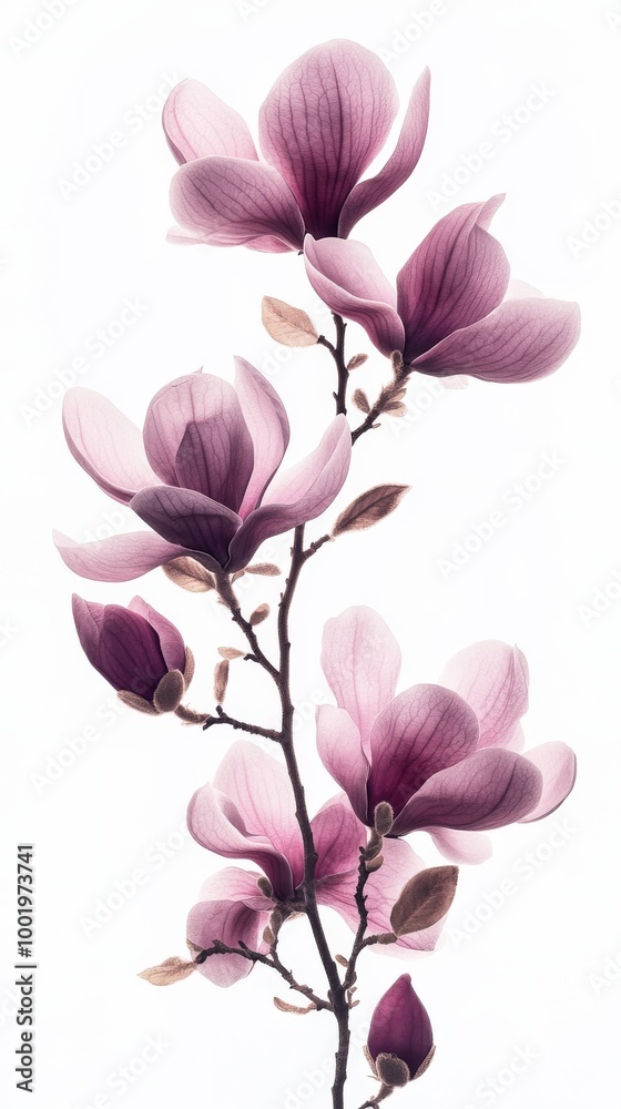 Magnolia branch with pink flowers on white