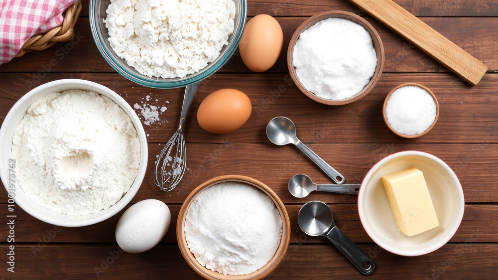 Ingredients laid out for baking on a wooden countertop with eggs, flour, sugar, and butter prepared for a delicious recipe Ingredients laid out for baking on a wooden countertop with eggs, flour, sugar, and butter prepared for a delicious recipe