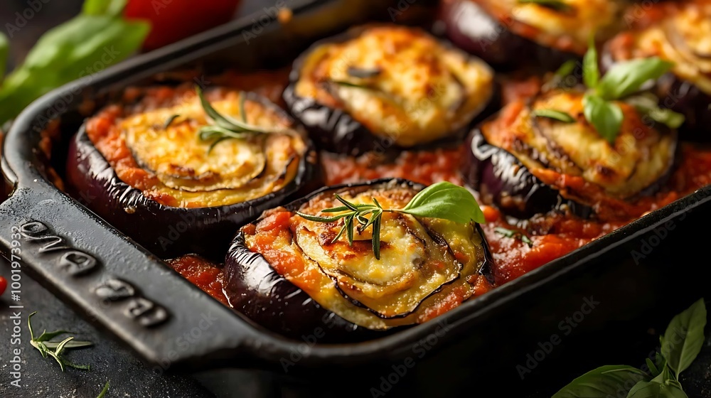 A serving of eggplant rollatini, stuffed with ricotta cheese and baked with marinara sauce. A serving of eggplant rollatini, stuffed with ricotta cheese and baked with marinara sauce.