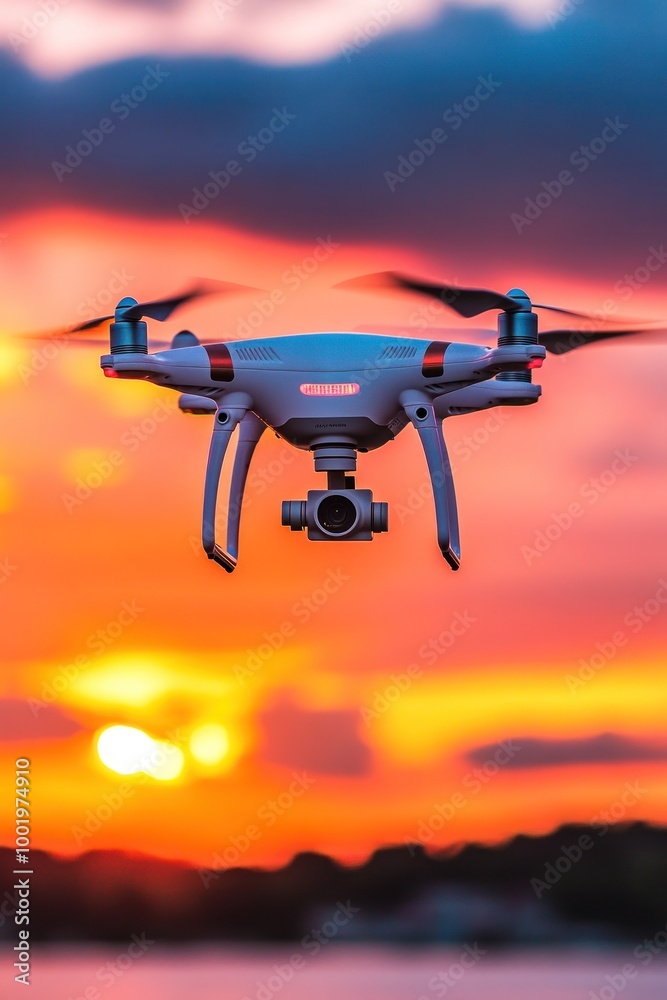 A drone captured in flight against a vibrant sunset backdrop. A drone captured in flight against a vibrant sunset backdrop.