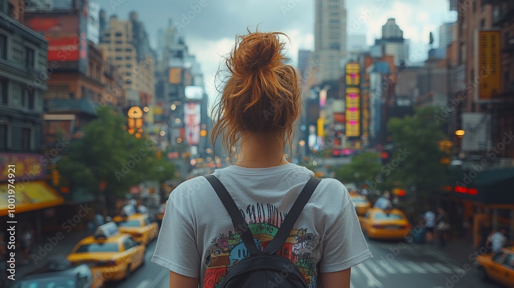 A young woman with a backpack stands in the middle of a busy city street, looking towards the skyscrapers in the distance. A young woman with a backpack stands in the middle of a busy city street, looking towards the skyscrapers in the distance.