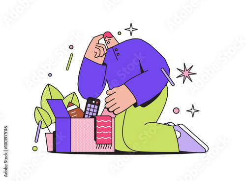 Man looking for his stuff in cardboard box
