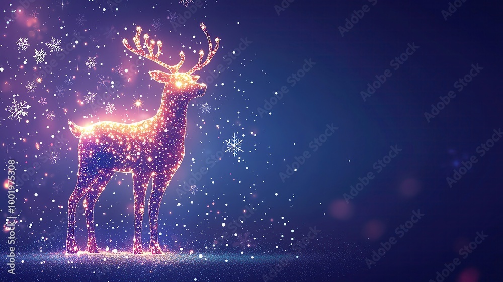 whimsical xmas background bokeh light with copy space Glowing reindeer with snowflakes in background whimsical xmas background bokeh light with copy space Glowing reindeer with snowflakes in background