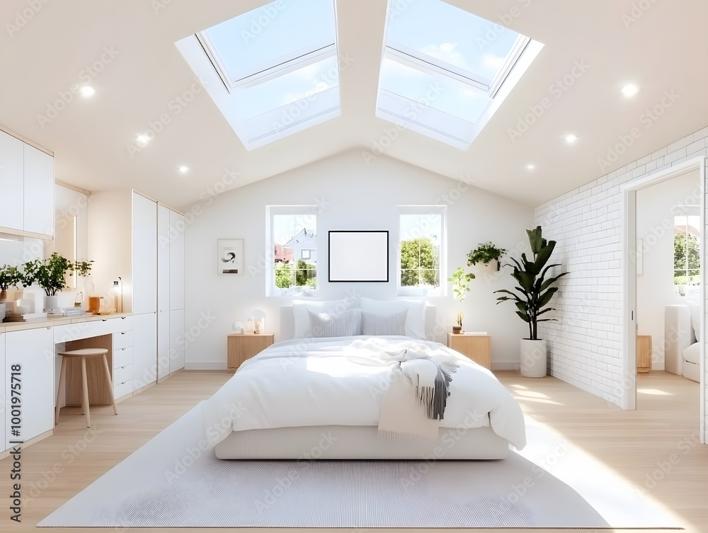 Fototapeta premium A modern, airy bedroom featuring a large bed, skylights, wooden floors, and decorative plants, creating a serene and inviting atmosphere.