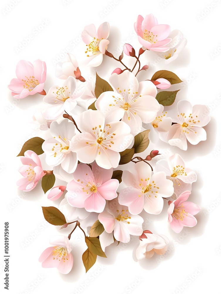 A vibrant arrangement of delicate pink and white cherry blossom flowers with green leaves, symbolizing beauty and renewal. A vibrant arrangement of delicate pink and white cherry blossom flowers with green leaves, symbolizing beauty and renewal.