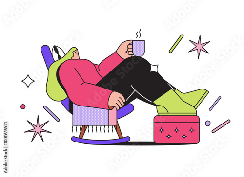 Girl sitting in rocking chair with cup of hot drink