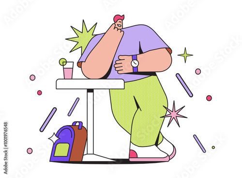 man leaning on high table and looking at watch