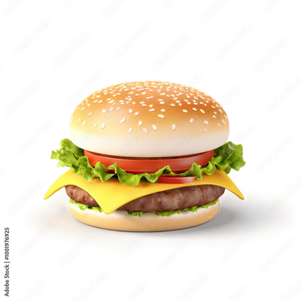 A juicy cheeseburger stacked with a perfectly grilled patty, melted cheese, lettuce, tomato, and pickles, all held together by a sesame seed bun.transparent background A juicy cheeseburger stacked with a perfectly grilled patty, melted cheese, lettuce, tomato, and pickles, all held together by a sesame seed bun.transparent background