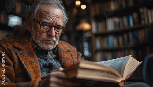 Elderly Gentleman with Hearing Loss Enjoying Large Print Book in Cozy Library with Wood Accents