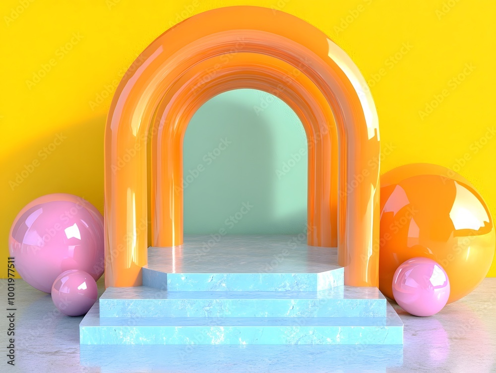 3d render of abstract geometric forms. Minimal scene with podium and arch. 3d render of abstract geometric forms. Minimal scene with podium and arch.