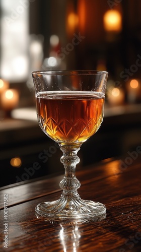 Elegant glass of amber cocktail on a rustic wooden bar surrounded by warm candlelight in a cozy lounge setting