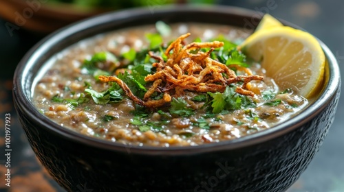 A bowl of haleem with fresh herbs lemon wedges 