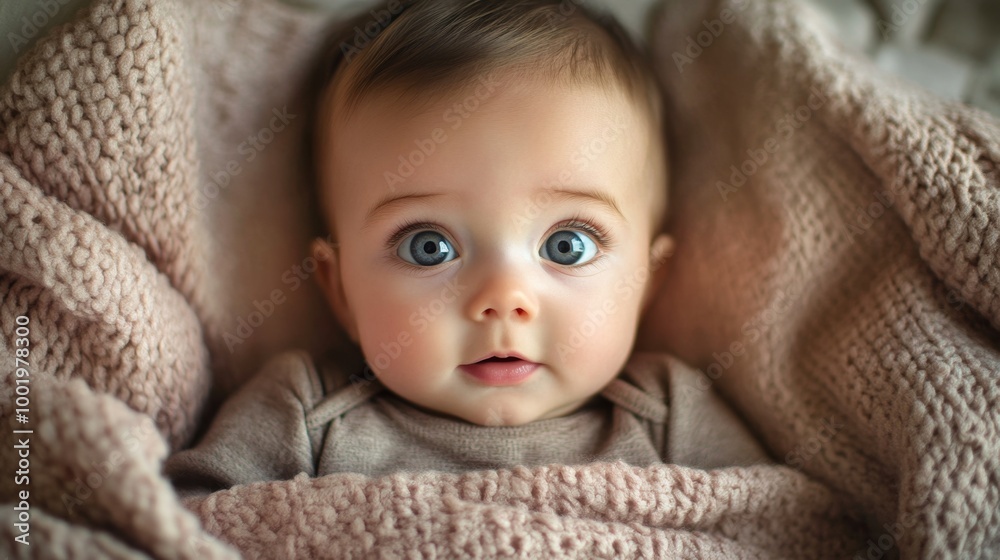 Baby with wide eyes and a gentle smile lying Baby with wide eyes and a gentle smile lying