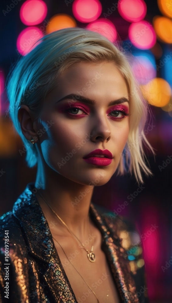 Fototapeta premium Modern portrait of a woman with short blonde hair and glittery outfit in urban night