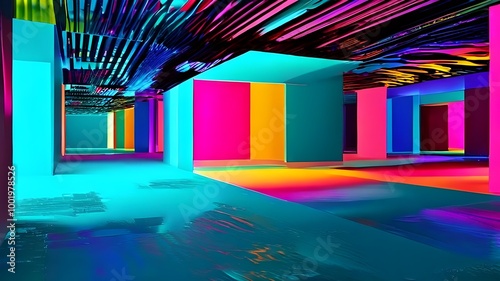 Vibrant and Colorful Room with Bold Neon Lighting and Abstract Patterns in a Futuristic Art Installation