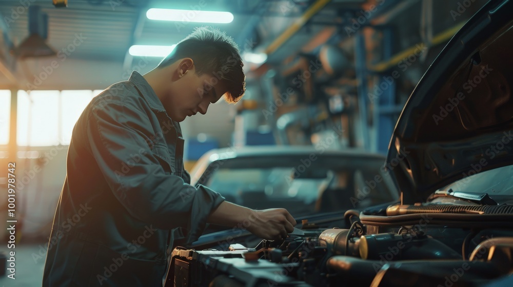 A mechanic working on a car in a professional auto repair shop with A mechanic working on a car in a professional auto repair shop with