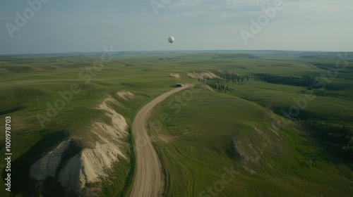 Aerial view of a vast green landscape with a winding dirt road and a distant object in the sky.