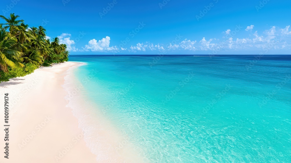 Fototapeta premium Tropical Beach Paradise White Sand Turquoise Water Palm Trees Caribbean Vacation