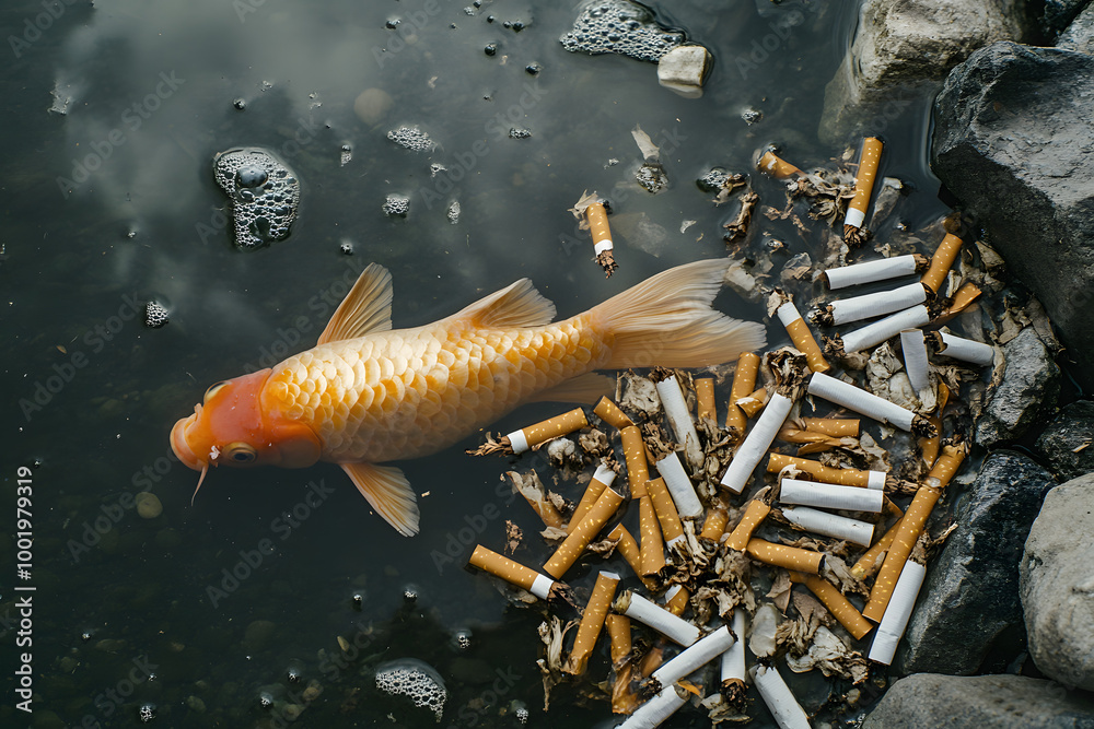 Foto de Golden fish swimming near cigarette butts in polluted water ...