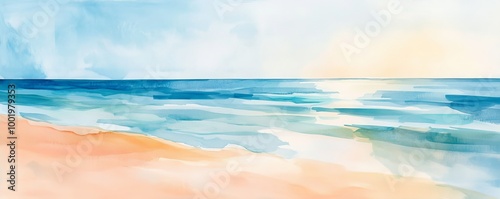 watercolor painting of serene beach with gentle