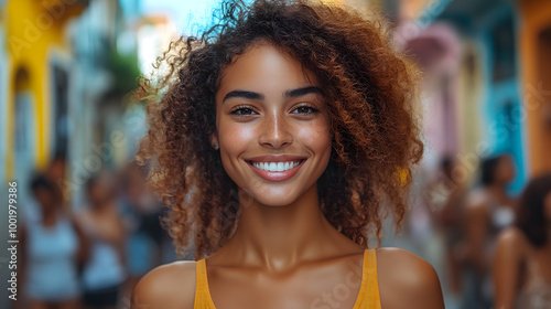 Smiling Woman Stands in the Center of an Urban Street 