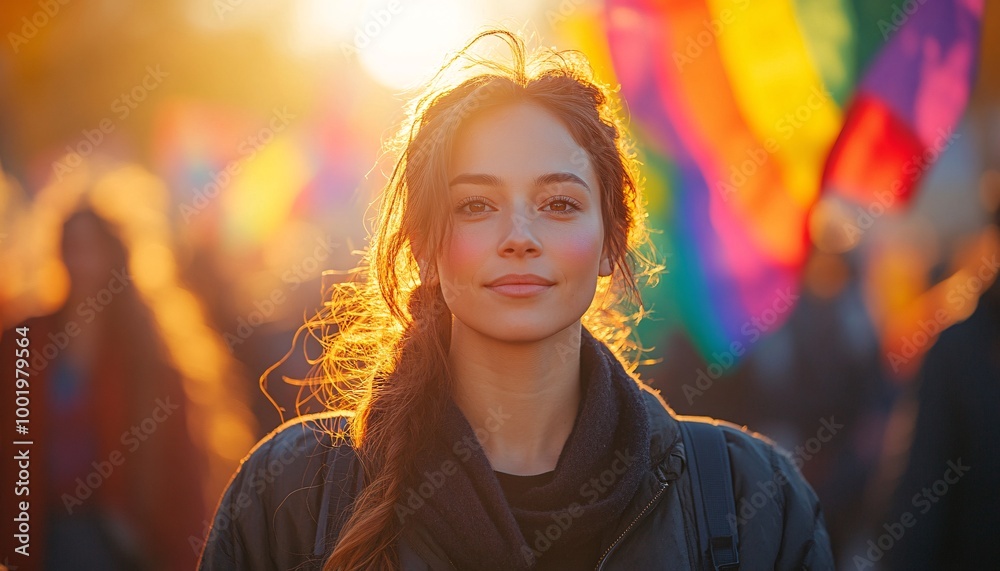 Inspiring Young Female Leader Championing LGBTQ+ Rights at a Vibrant Rally with Rainbow Flags - Empowerment and Activism Concept Inspiring Young Female Leader Championing LGBTQ+ Rights at a Vibrant Rally with Rainbow Flags - Empowerment and Activism Concept