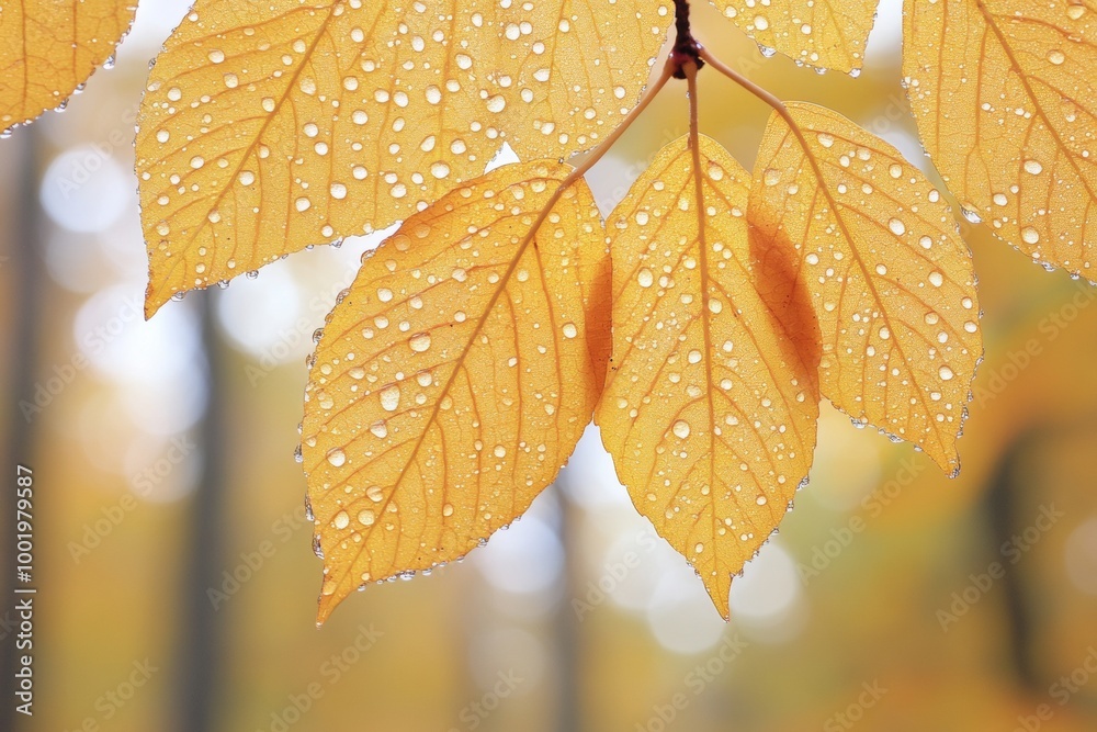 Golden Autumn Leaves with Morning Dew in Blurred Forest Background, Close-Up with Copy Space Golden Autumn Leaves with Morning Dew in Blurred Forest Background, Close-Up with Copy Space