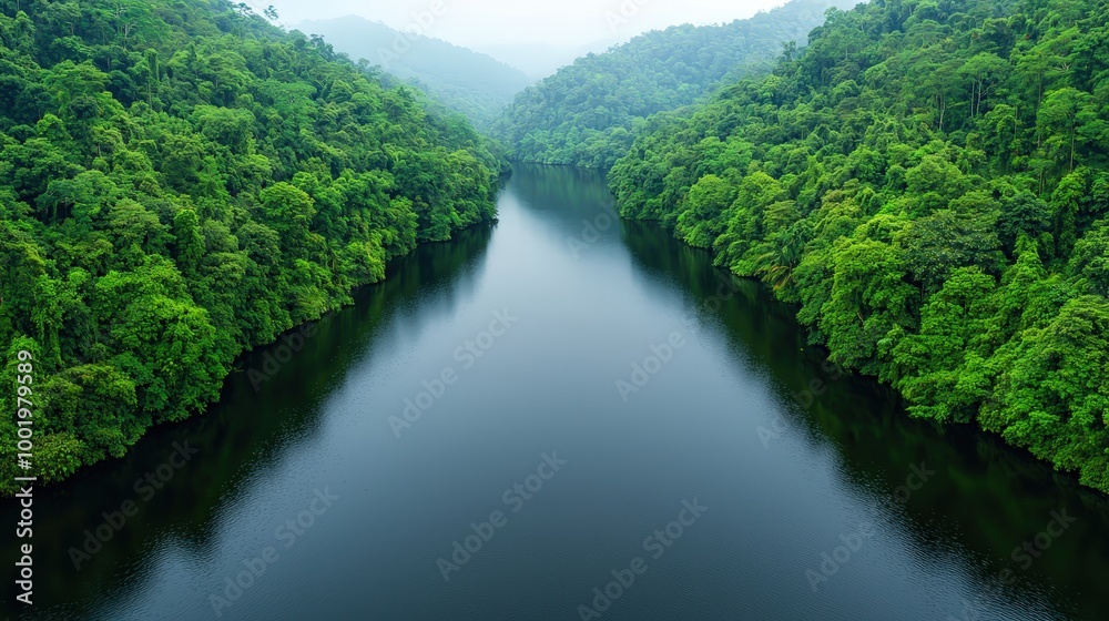 Serene River Through Lush Rainforest Canopy Serene River Through Lush Rainforest Canopy