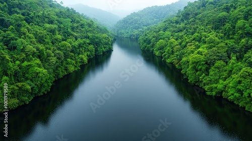 Serene River Through Lush Rainforest Canopy