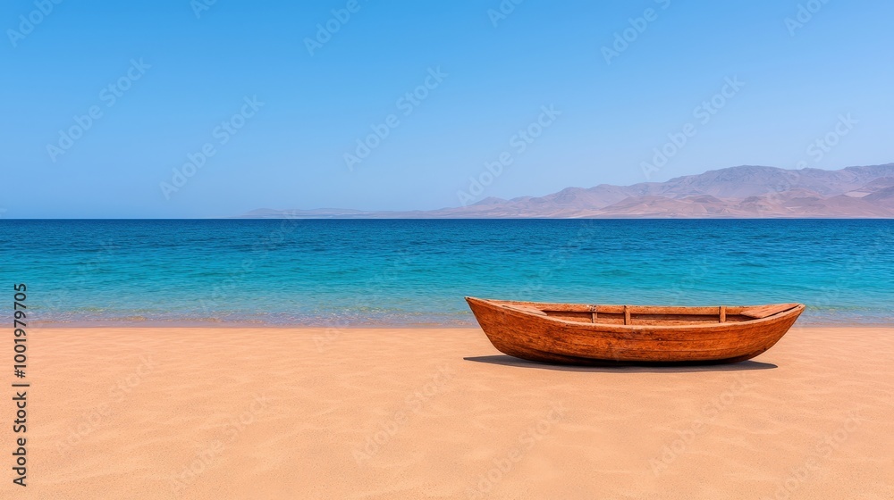 Wooden Rowboat on Sandy Beach with Clear Blue Water and Distant Mountains Wooden Rowboat on Sandy Beach with Clear Blue Water and Distant Mountains