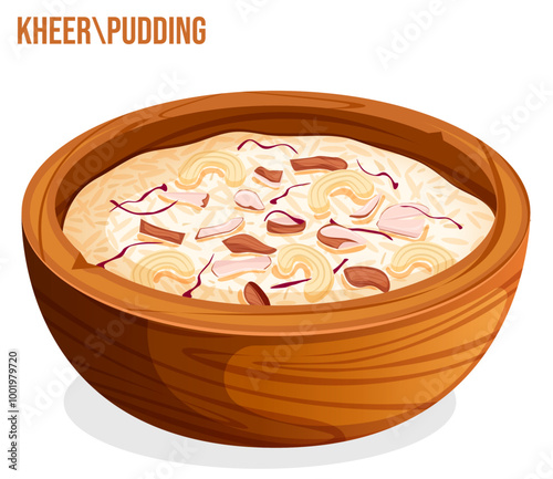 Rice Pudding or Kheer in Wooden Bowl Garnished with Almonds, Saffron and Cashews - Traditional Asian Dessert 