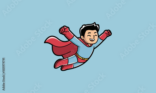 Cheerful boy flying as a superhero.