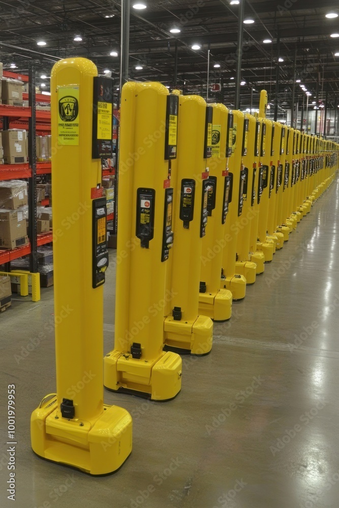 Fototapeta premium A row of yellow robotic automated guided vehicles (AGVs) in a warehouse.