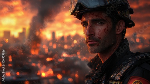 Firefighter stands amid destruction as flames engulf the city skyline during a dramatic sunset in an intense rescue operation