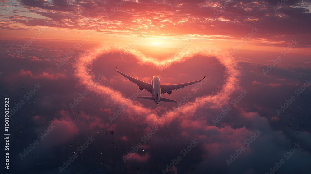 An Airplane Flying in the Sky Leaves Behind Heart-Shaped Contrails
An Airplane Flying in the Sky Leaves Behind Heart-Shaped Contrails