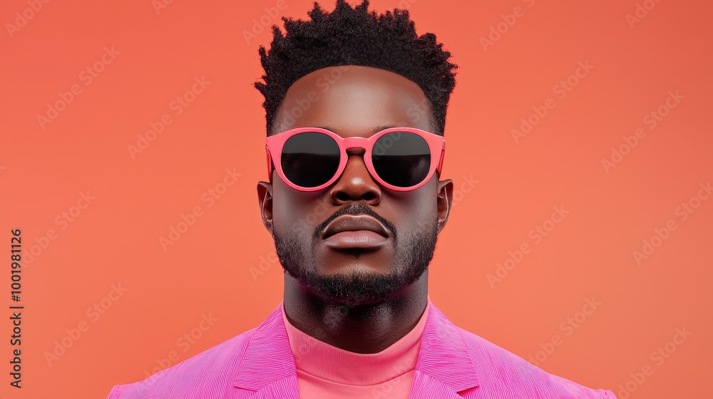 Confident Man in Pink Suit and Sunglasses on Coral Background Confident Man in Pink Suit and Sunglasses on Coral Background