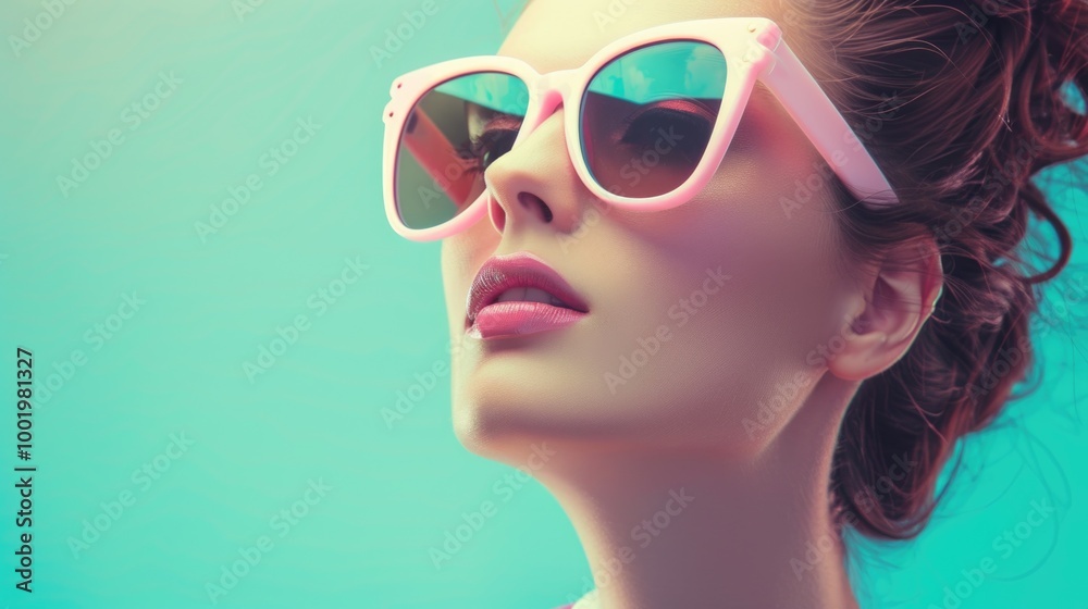 Vibrant Retro Fashion Model with Pink Sunglasses on Teal Background Vibrant Retro Fashion Model with Pink Sunglasses on Teal Background