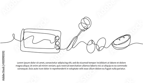 Continuous line design of cake making equipment. Single line decorative element drawn on white.