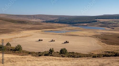 A serene landscape featuring machinery on dry land near a body of water.