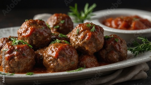 Plate of Keto Meatballs Covered in Tomato Sauce and Herbs